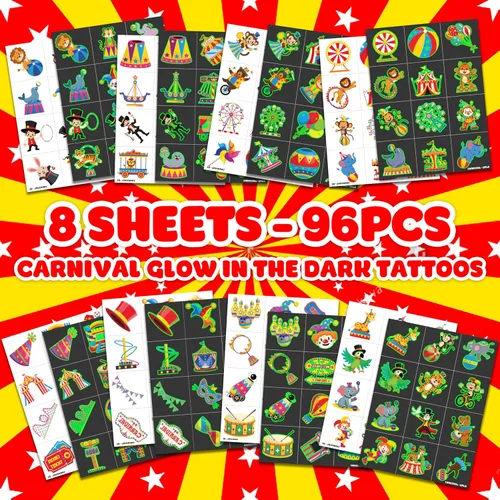 Vista 3 de 96 tatuajes temporales que brillan en la oscuridad para niños - Payaso de circo de carnaval Animal Popcorn Fake Tattoos Luminous Waterproof