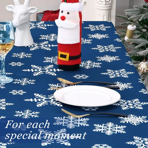Vista 5 de CAROMIO Mantel navideño rectangular de 60 x 120 pulgadas, diseño de copos de nieve azules, decoración de Navidad para exteriores, para cena