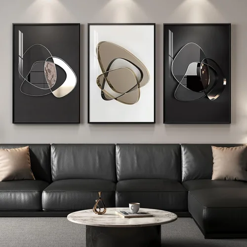 Vista 22 de Arte de pared moderno enmarcado en blanco y negro, 3 piezas de impresiones contemporáneas grandes para paredes, juego de 3 imágenes de hojas doradas
