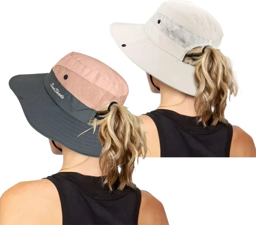 Vista 9 de Sombrero de pesca de playa de ala ancha para mujer, con protección UV, plegable, con agujero para cola de caballo