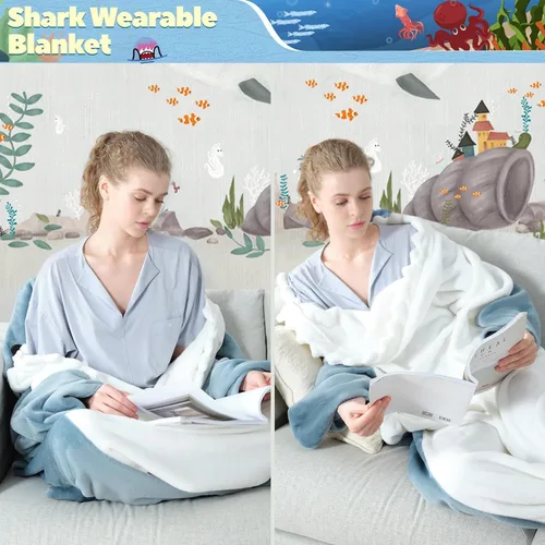 Vista 4 de Touchat Manta de Tiburón, Disfraz de Enterizo para Adulto, Manta Suave y Acogedora de Franela con Dibujos de Animales para Cosplay, Manta con Azul
