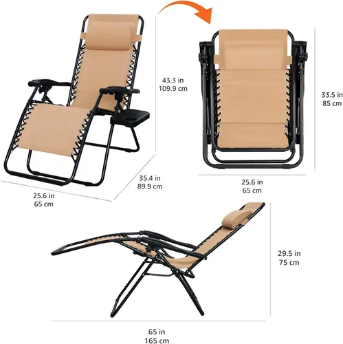 Vista 6 de Amazon Basics Juego de sillas reclinables plegables de Textilene para exteriores con soporte para tazas, mesa auxiliar, reposacabezas, resistente a