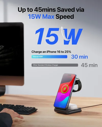 Vista 2 de Intoval Estación de carga inalámbrica 3 en 1 para iPhone y Apple Watch, soporte de cargador inalámbrico rápido, base de carga de escritorio compacta