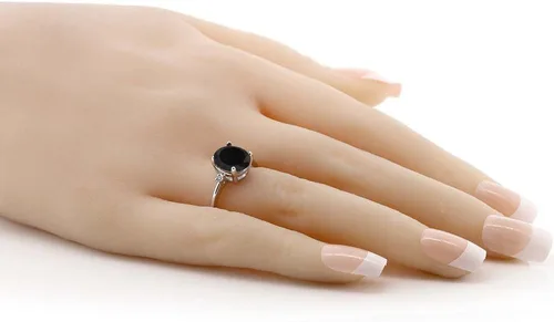 Vista 3 de Gem Stone King Anillo de compromiso de plata de ley 925 con ónix negro y diamante blanco para mujer