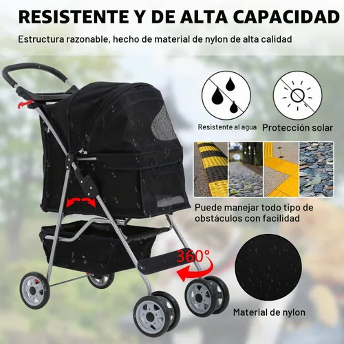 Vista 4 de Cochecito de perro de 4 ruedas, cochecito para mascotas, gatos, plegable, impermeable, con soporte para tazas y forro extraíble, cochecitos