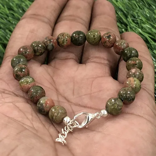 Vista 3 de Pulsera ajustable de cadena de plata con cuentas redondas de jaspe unakita natural AAA de 0.315 in de 7.5 a 8.5 pulgadas, pulsera con dijes, pulsera