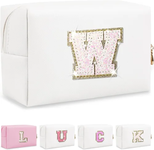 Vista 27 de Bolsa de maquillaje con parche de letra inicial personalizada, bolsa de cosméticos de chenilla preppy con letra de chenilla con cremallera, Y