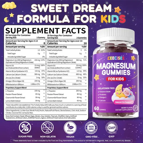 Vista 2 de Suplemento de Gomitas de Magnesio para Niños 4+: Suplemento Orgánico Masticable con Citrato de Magnesio, Vitamina B6, D3, Zinc, L-Teanina - Fuerza