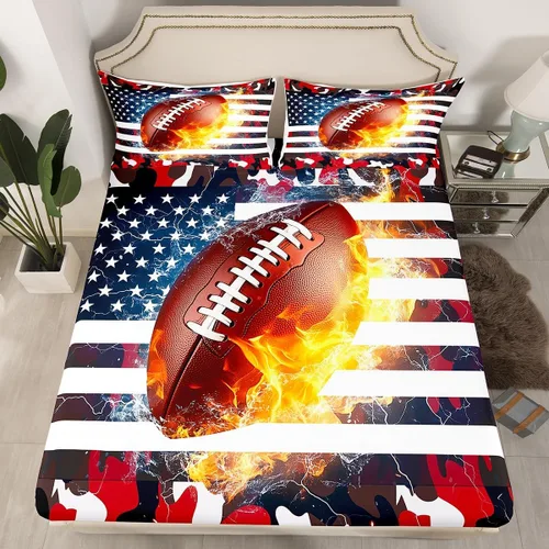 Vista 38 de Erosebridal American Flag Fitted Sheet Twin, Hockey Bedding Set United States Sports Games Bed Sheets for Kids Boys Teens Bedroom, Red White