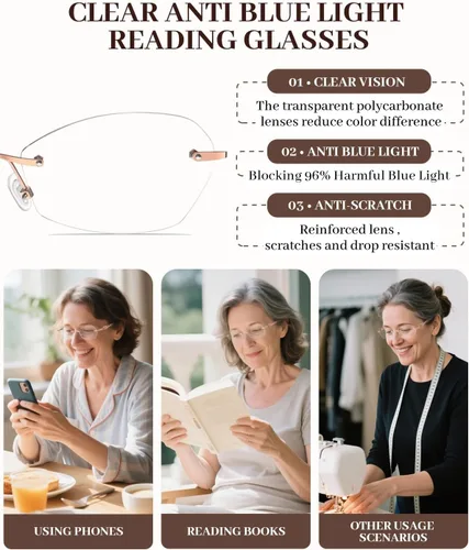 Vista 9 de LUFF Rimless Reading Glasses for Women Blue Light Computer Readers Lightweight 16g Metal Frame Eye Strain Relief