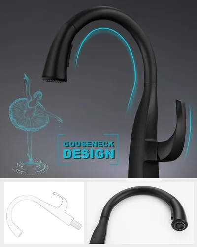 Vista 2 de WOWOW Grifos de cocina con dispensador de jabón, cuello de cisne de una sola manija, grifos de fregadero de cocina negros con rociador, arco alto