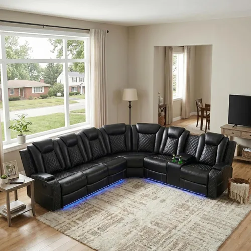 Vista 18 de Sofá seccional reclinable eléctrico, sofá de felpa beige y gris, sofá seccional con consola de almacenamiento, sofá reclinable para sala de estar