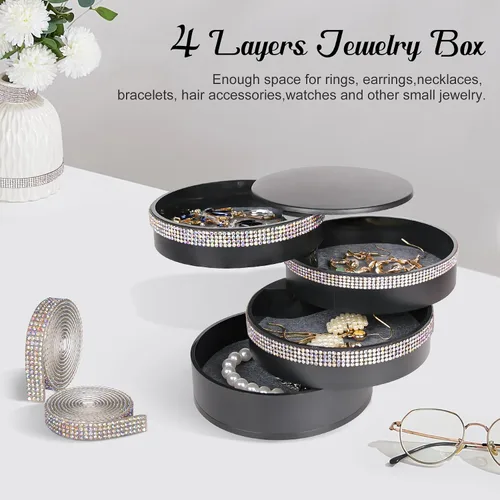 Vista 4 de CONBOLA Organizador de joyas, caja de almacenamiento de joyas pequeña para mujer, soporte para aretes para mujeres, bandeja de joyería giratoria