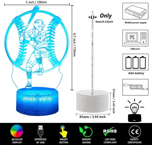 Vista 3 de Luz nocturna de béisbol - Lámpara de escritorio remota táctil RGB de 16 colores para niños, regalos de Navidad y vacaciones