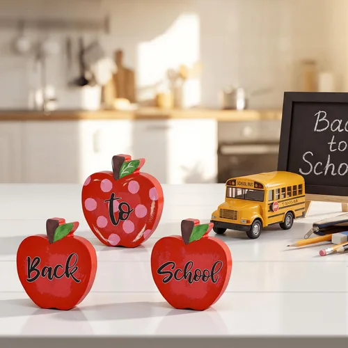Vista 3 de Decoración de mesa de madera Smile Back to School – Letreros de escritorio «Back to School» de manzana roja – Decoración para el aula y la oficina