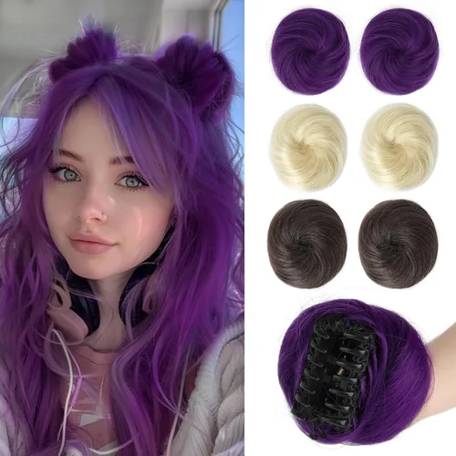 Vista 12 de REECHO Space Bun Hair Pieces, 2 piezas de mini clips de garra en moños desordenados y orejas de gato, extensiones de moño de cabello falso HB001