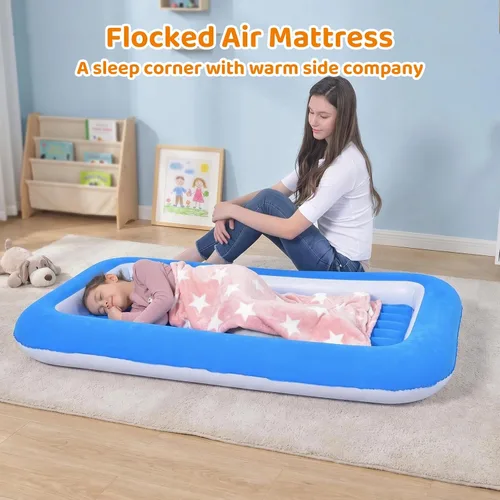 Vista 5 de Cama de aire para niños, colchón inflable para viaje de bebé con laterales, azul