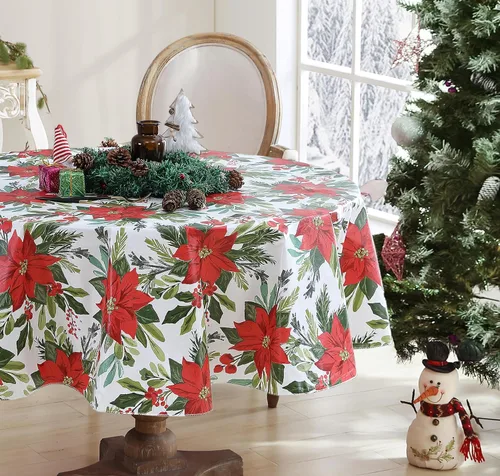 Vista 7 de Newbridge Poinsettia Flourish - Mantel de vinilo navideño de Pascua con respaldo de franela, cubierta de mesa festiva contemporánea de Pascua roja