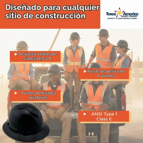 Vista 4 de Texas America Safety Company Casco duro RIDGELINE de ala completa con ajuste de perilla de 6 puntos y bolsa