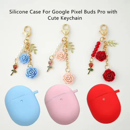 Vista 3 de Funda para Google Pixel Buds Pro con llavero, bonita funda de silicona para Pixel Buds Pro, funda de carga protectora con mosquetón de flores, Azul