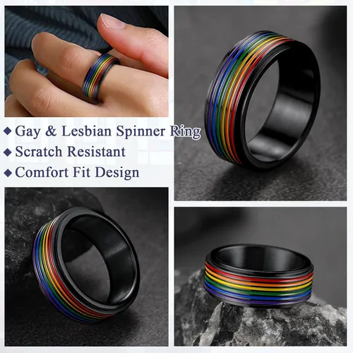 Vista 4 de FaithHeart Anillos para ansiedad LGBT Pride Rainbow, acero inoxidablechapado en oro de 18 quilates, joyería de amor es amor para hombres y mujeres