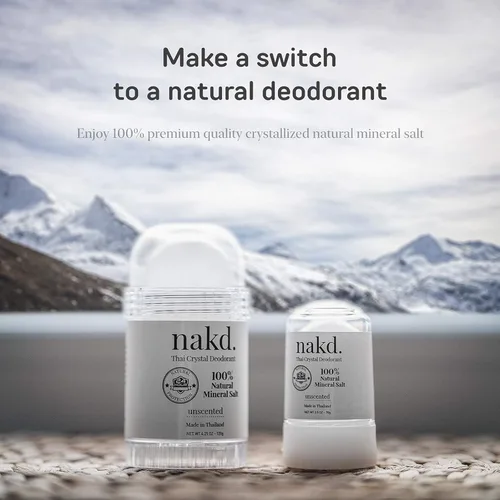 Vista 5 de nakd. Thai Crystal Deodorant Stone – 2 barras desodorantes de cristal de sal, 4.25 oz. Regular + 2.5 oz. Tamaño de viaje, totalmente natural, sin
