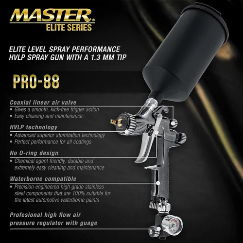 Vista 2 de Master Elite Performance PRO-88 HVLP Pistola de pintura en aerosol automotriz con punta de 0.051 in, taza de 1 litro, calibre regulador, adaptador