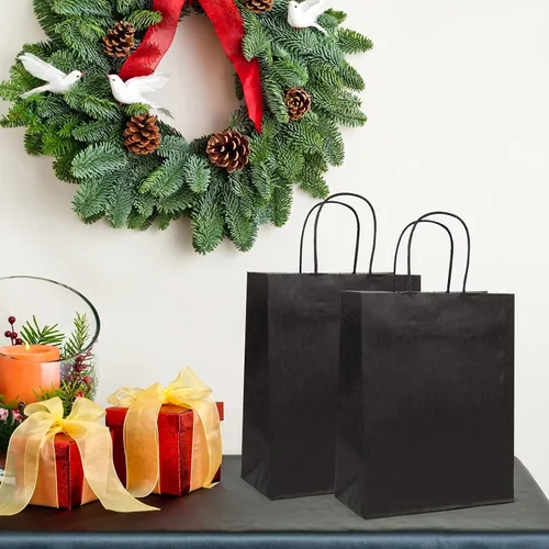 Vista 7 de PAICUIKE 100 bolsas grandes de papel negro con asas, bolsas de compras a granel de 13 x 7 x 13 pulgadas para pequeñas empresas, regalo para el día