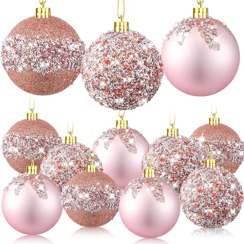 Vista 15 de Syhood 12 adornos de bolas de Navidad con purpurina y lentejuelas con diamantes de imitación, decoraciones de Navidad para colgar en árboles