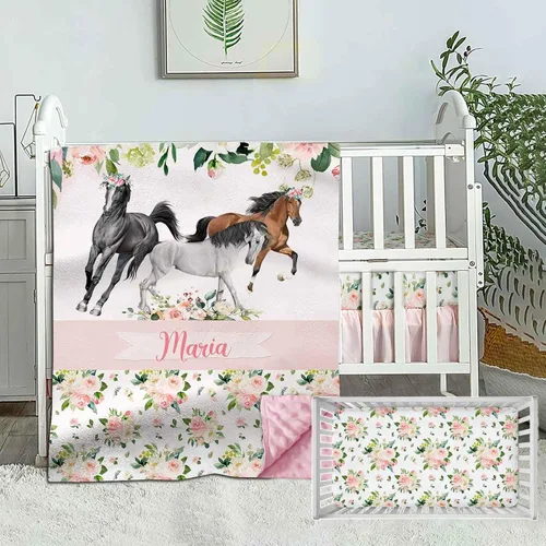 Vista 7 de Juego de ropa de cama personalizado para cuna de bebé, edredón de cuna con nombre personalizado, ropa de cama de ciervo con cuernos, juego de 2