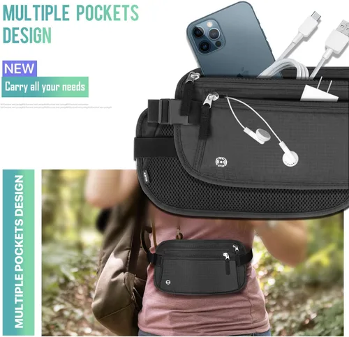 Vista 6 de WALNEW Cinturón de dinero de viaje Cartera de viaje oculta con bloqueo RFID, Negro, talla única , Cartera RFID