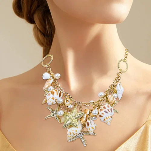 Vista 9 de Halawly Gargantilla de concha de cola de sirena, collar de moda con diseño de concha de mar y estrella de mar de perlas de imitación, collar grueso