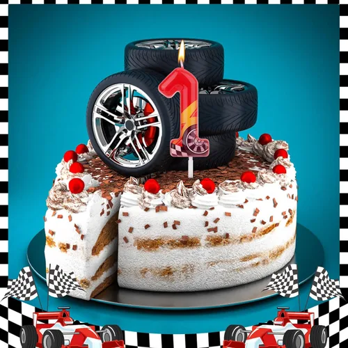Vista 4 de Vela temática de autos de carreras para cumpleaños, vela roja de auto de carreras con número de rayo, perfecta para decorar pasteles y como