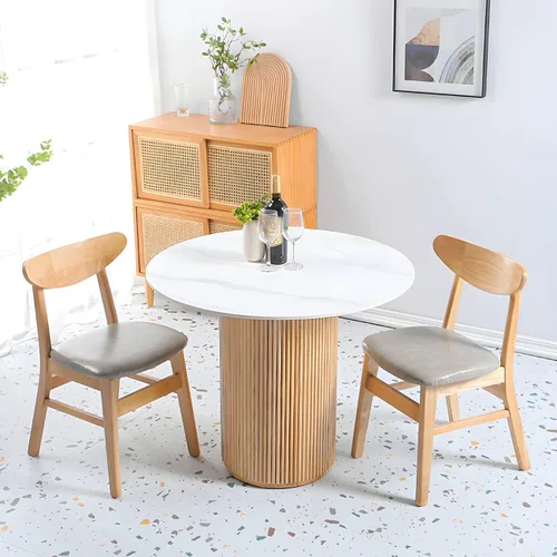 Vista 3 de Mesa de comedor de madera maciza de pino, mesa redonda moderna de mármol blanco, mesa de comedor de madera natural, muebles de restaurante, 43.3