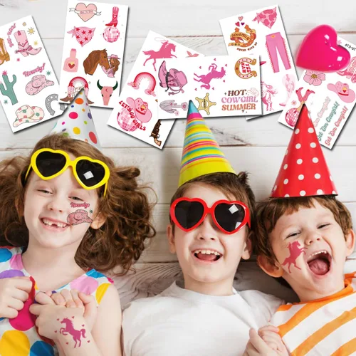 Vista 5 de CHARLENT Tatuajes temporales de vaquera para niños, suministros de fiesta, tatuajes temporales de vaquera occidental para niñas, regalos de fiesta
