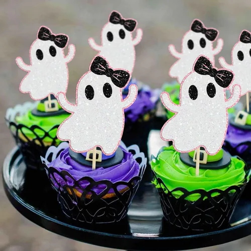 Vista 7 de Gyufise 24 adornos de fantasmas para cupcakes con purpurina rosa para Halloween, fantasma, baby shower, decoración de cupcakes, comida fantasma