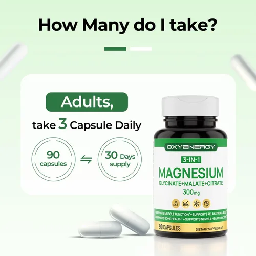Vista 5 de OXYENERGY Suplemento de complejo triple de magnesio, cápsulas de magnesio quelatado 3 en 1 de 300 mg con citrato de malato de glicinato por porción