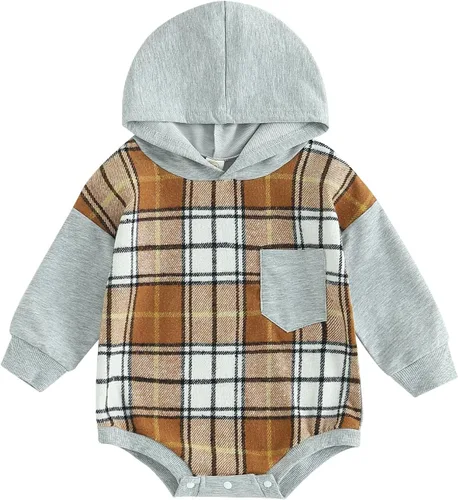 Vista 24 de Twopumpkin Sudadera con capucha a cuadros para bebé niño, mameluco de manga larga con capucha para otoño e invierno