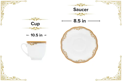 Vista 2 de Juego de té de porcelana, 12 piezas, elegante diseño floral blanco con borde dorado – Platillos de 5.5 pulgadas, tazas de 6.5 onzas – para fiestas