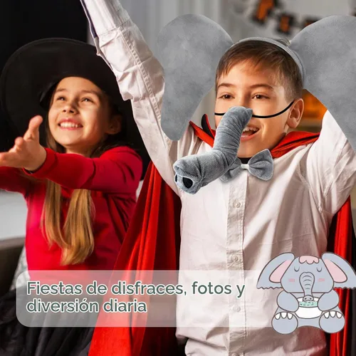 Vista 6 de Baaxxango 4 piezas de disfraz de elefante para niños, diadema de orejas de elefante, corbata de moño y cola, accesorios de disfraz de elefante