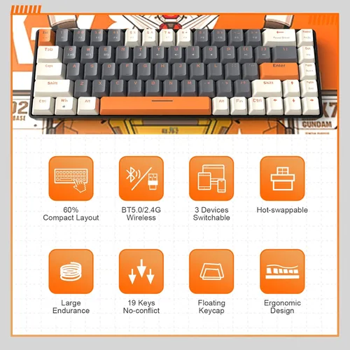 Vista 5 de MAGIC-REFINER Teclado mecánico 60% inalámbrico, Bluetooth 5.02.4GHz con receptor 2 en 1 de modo dual, teclado ergonómico compacto de 68 teclas