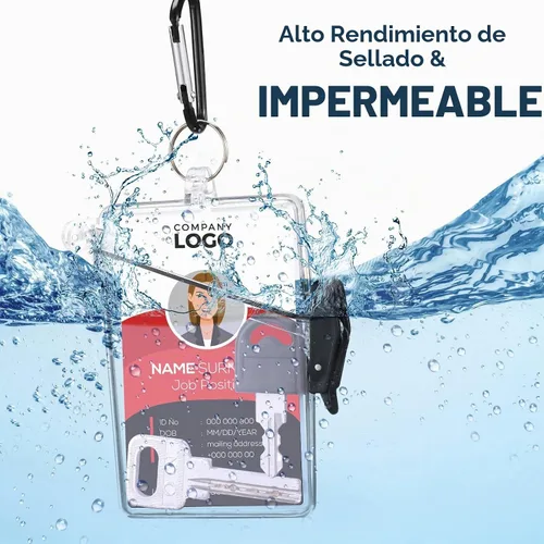 Vista 3 de Outus Paquete de 2 fundas impermeables para tarjetas de identificación, impermeables, transparentes, verticales, con mosquetón de cordón y llavero