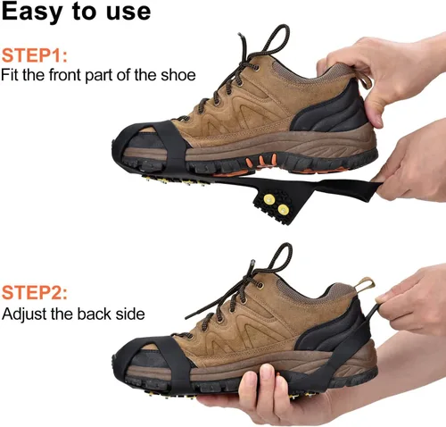 Vista 3 de Manledio Tacos de hielo para zapatos y botas, crampones de acero inoxidable para tracción antideslizante en nieve y hielo, agarres y picos