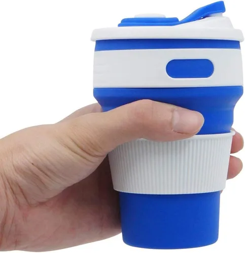 Vista 4 de Fullgaden Taza de viaje plegable de silicona, taza portátil con tapa, agua, café, coca cola y aperitivos para senderismo, campamento, picnic, azul