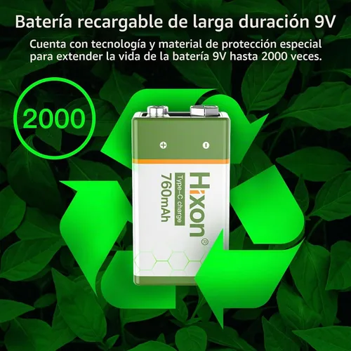 Vista 5 de Hixon Baterías de litio recargables USB de 9 V, baterías de iones de litio de larga duración de 760 mAh de 9 voltios con cable de carga tipo C