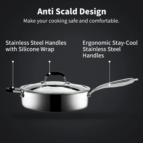 Vista 5 de SLOTTET Sartén de acero inoxidable de tres capas con vapor, sartén profunda de 5 cuartos de galón con tapa y mango para mantenerse fresco, sartén