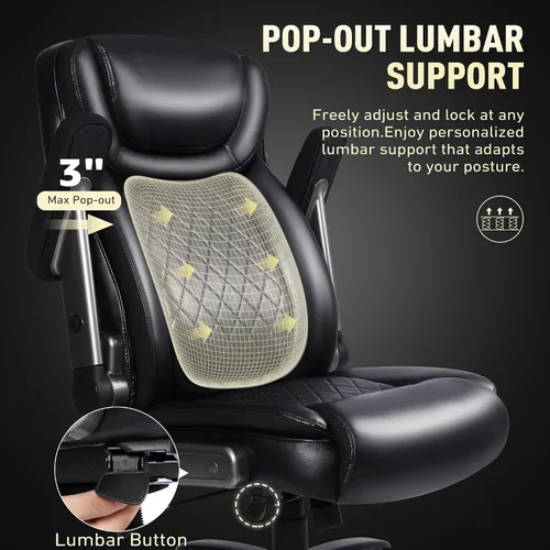Vista 3 de Silla de oficina grande y alta de 650 libras con soporte lumbar desplegable Respaldo alto ergonómico, reposabrazos abatibles 3D, asiento