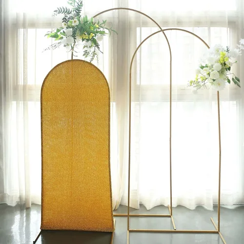 Vista 15 de Efavormart - Marco de fondo redondo de elastano dorado antiguo brillante de 5 pies, cubierta metálica brillante para arco de boda de 2 lados