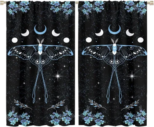 Vista 39 de Cortinas de mariposa de fantasía, polilla, sol, luna, estrella, arte floral, estampado floral, bolsillo para barra, cortinas opacas para ventana
