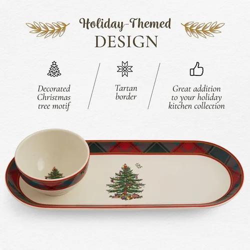 Vista 3 de Spode Christmas Tree - Juego de 2 piezas de chips y salsa de tartán – Plato para servir las fiestas de 13 pulgadas con cuenco de inmersión – Borde a